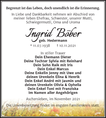 Traueranzeige von Ingrid Böber von Trauerkombi Aschersleben