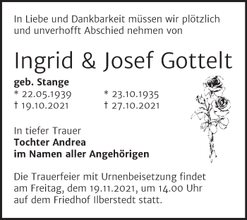 Traueranzeige von Ingrid Gottelt von Trauerkombi Bernburg