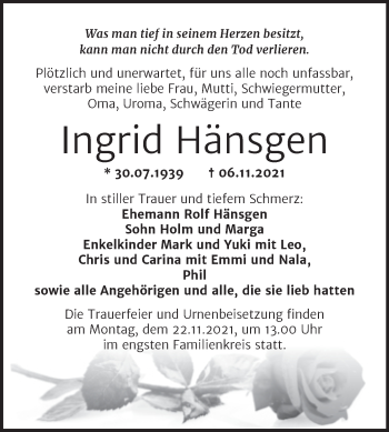 Traueranzeige von Ingrid Hänsgen von Trauerkombi Aschersleben