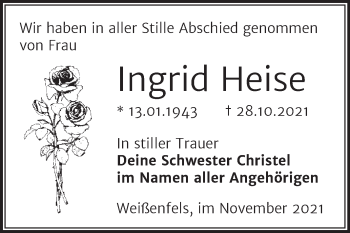 Traueranzeige von Ingrid Heise von Trauerkombi Weißenfels