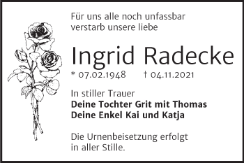 Traueranzeige von Ingrid Radecke von Trauerkombi Bitterfeld