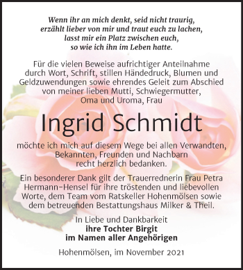 Traueranzeige von Ingrid Schmidt von Trauerkombi Weißenfels