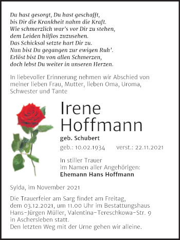 Traueranzeige von Irene Hoffmann von Trauerkombi Mansfelder Land