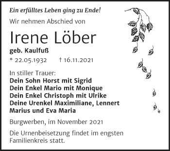 Traueranzeige von Irene Löber von Trauerkombi Weißenfels