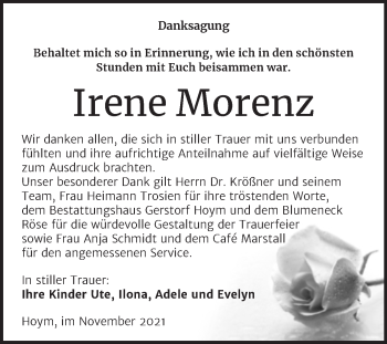 Traueranzeige von Irene Morenz von Trauerkombi Aschersleben