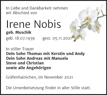 Traueranzeige von Irene Nobis von Trauerkombi Wittenberg