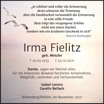 Traueranzeige von Irma Fielitz von Trauerkombi Wittenberg