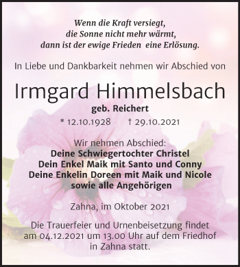 Traueranzeige von Irmgard Himmelsbach von Trauerkombi Wittenberg