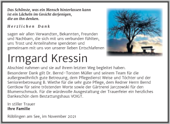 Traueranzeige von Irmgard Kressin von Trauerkombi Mansfelder Land