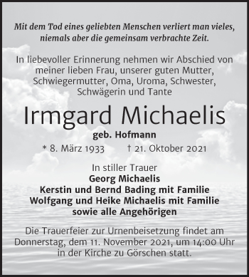 Traueranzeige von Irmgard Michaelis von Wochenspiegel Naumburg/Nebra