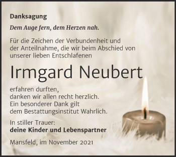 Traueranzeige von Irmgard Neubert von Trauerkombi Mansfelder Land