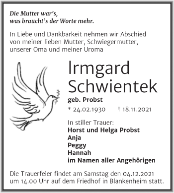 Traueranzeige von Irmgard Schwientek von Trauerkombi Sangerhausen
