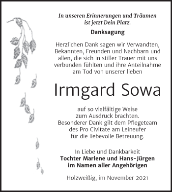 Traueranzeige von Irmgard Sowa von Trauerkombi Bitterfeld