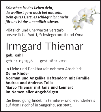 Traueranzeige von Irmgard Thiemar von Trauerkombi Sangerhausen