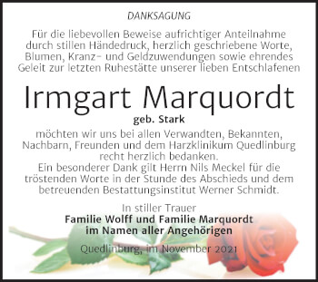 Traueranzeige von Irmgart Marquordt von Trauerkombi Quedlinburg