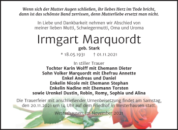 Traueranzeige von Irmgart Marquordt von Trauerkombi Quedlinburg