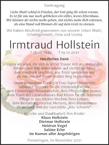 Traueranzeige von Irmtraud Hollstein von Naumburger Tageblatt