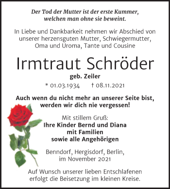 Traueranzeige von Irmtraut Schröder von Trauerkombi Mansfelder Land