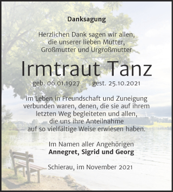 Traueranzeige von Irmtraut Tanz von Trauerkombi Bitterfeld