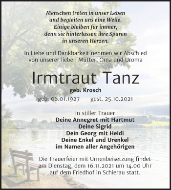 Traueranzeige von Irmtraut Tanz von Trauerkombi Bitterfeld