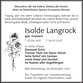 Traueranzeige von Isolde Langrock von Trauerkombi Merseburg