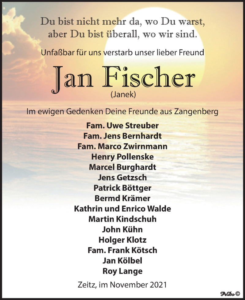  Traueranzeige für Jan Fischer vom 06.11.2021 aus Trauerkombi Zeitz