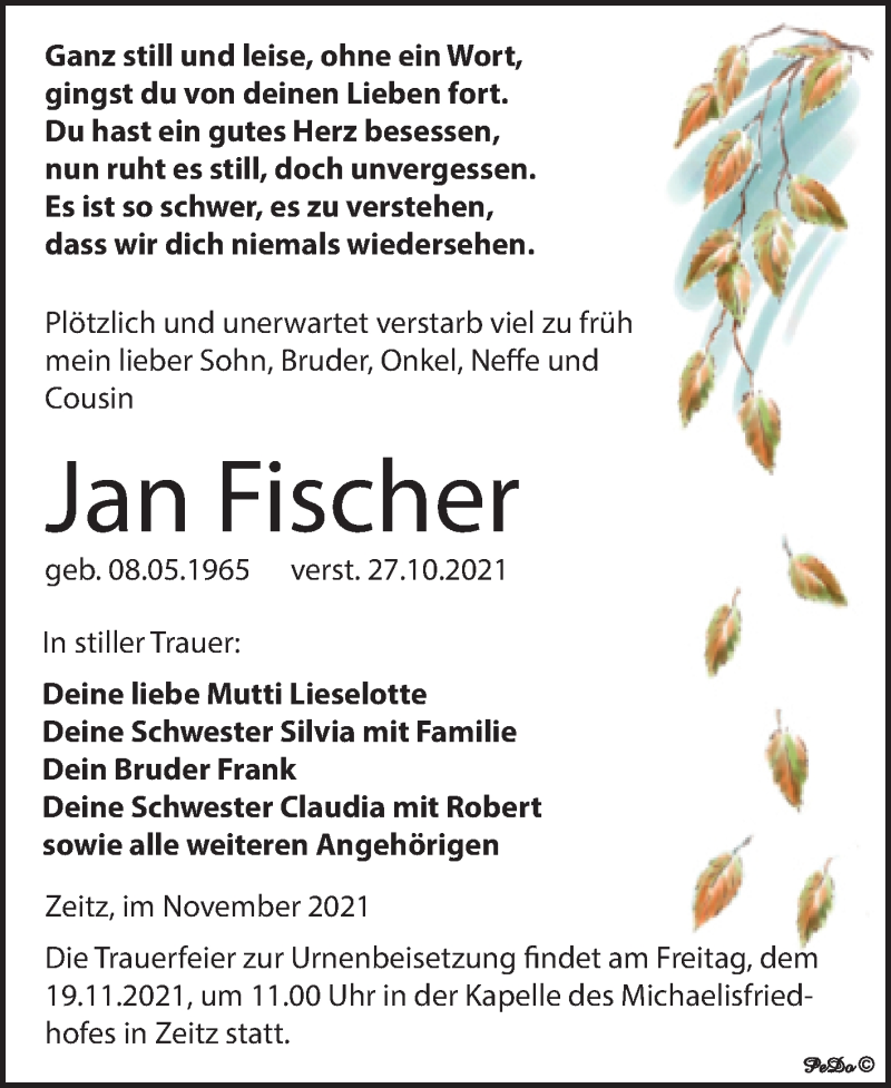  Traueranzeige für Jan Fischer vom 06.11.2021 aus Trauerkombi Zeitz
