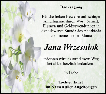 Traueranzeige von Jana Wrzesniok von Trauerkombi Bitterfeld