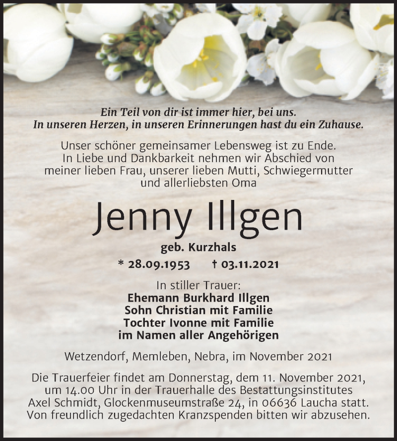  Traueranzeige für Jenny Illgen vom 10.11.2021 aus Wochenspiegel Naumburg/Nebra