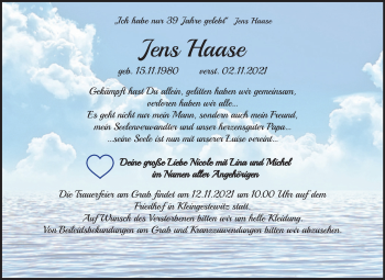 Traueranzeige von Jens Haase von Wochenspiegel Naumburg/Nebra