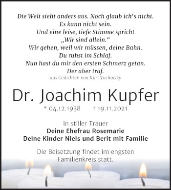 Traueranzeige von Joachim Kupfer von Mitteldeutsche Zeitung Halle/Saalkreis