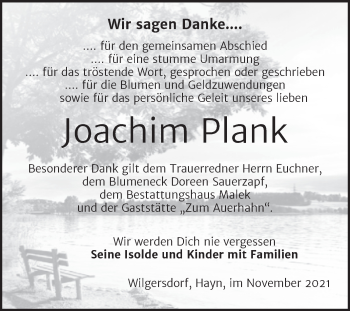 Traueranzeige von Joachim Plank von Trauerkombi Sangerhausen