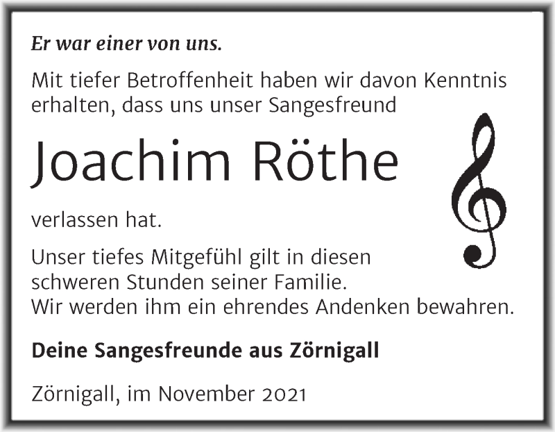  Traueranzeige für Joachim Röthe vom 20.11.2021 aus Super Sonntag Wittenberg