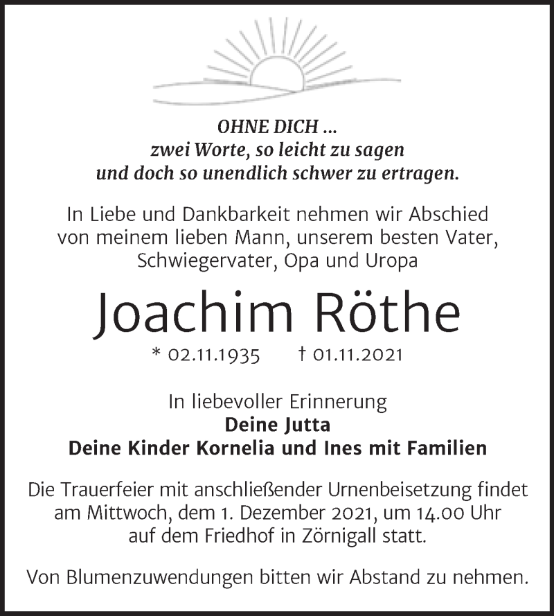  Traueranzeige für Joachim Röthe vom 20.11.2021 aus Trauerkombi Wittenberg