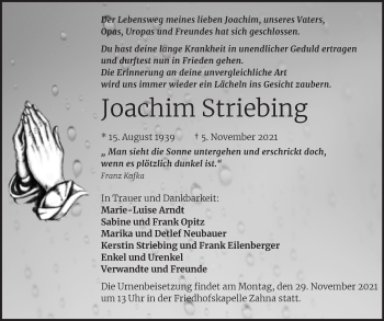 Traueranzeige von Joachim Striebing von Trauerkombi Wittenberg