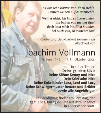 Traueranzeige von Joachim Vollmann von Trauerkombi Merseburg