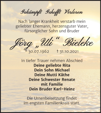 Traueranzeige von Jörg Bieleke von Trauerkombi Wittenberg
