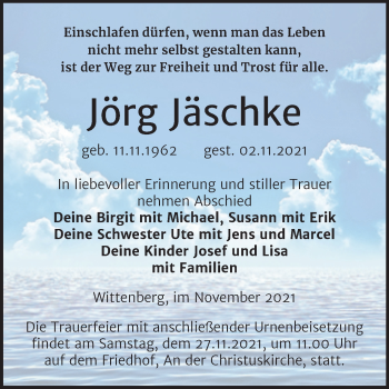 Traueranzeige von Jörg Jäschke von Trauerkombi Wittenberg