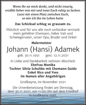 Traueranzeige von Johann Adamek von Trauerkombi Merseburg
