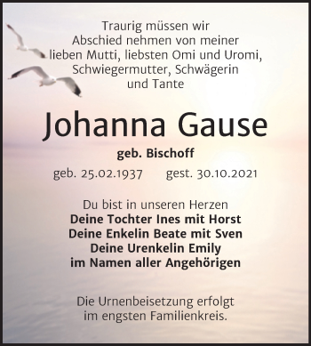 Traueranzeige von Johanna Gause von Trauerkombi Wittenberg