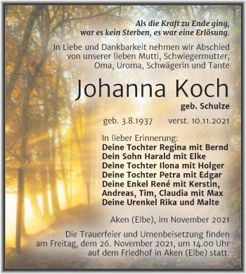 Traueranzeige von Johanna Koch von Trauerkombi Köthen
