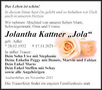 Traueranzeige von Jolantha Kattner von Trauerkombi Aschersleben