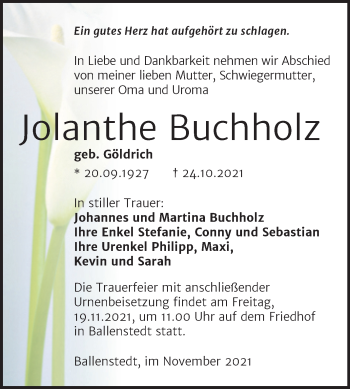 Traueranzeige von Jolanthe Buchholz von Trauerkombi Quedlinburg