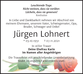 Traueranzeige von Jürgen Lohnert von Mitteldeutsche Zeitung Halle/Saalkreis