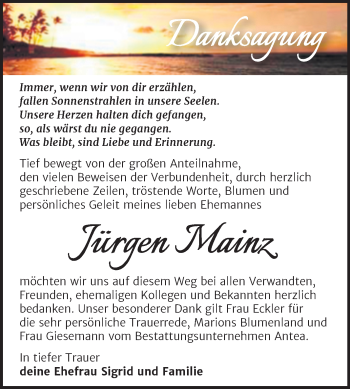 Traueranzeige von Jürgen Mainz von Trauerkombi Wittenberg