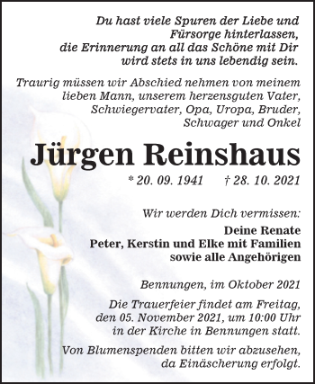 Traueranzeige von Jürgen Reinshaus von Mitteldeutsche Zeitung Sangerhausen