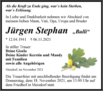 Traueranzeige von Jürgen Stephan von Trauerkombi Quedlinburg