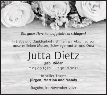 Traueranzeige von Jutta Dietz von Trauerkombi Bitterfeld