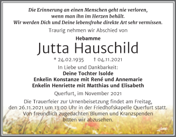 Traueranzeige von Jutta Hauschild von Trauerkombi Merseburg