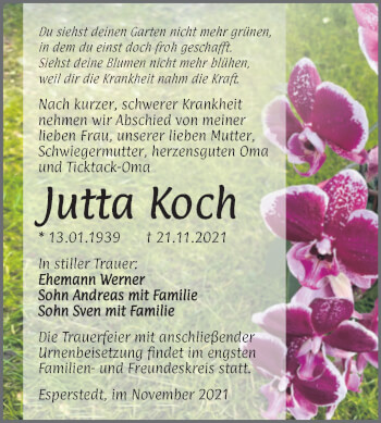 Traueranzeige von Jutta Koch von Trauerkombi Merseburg